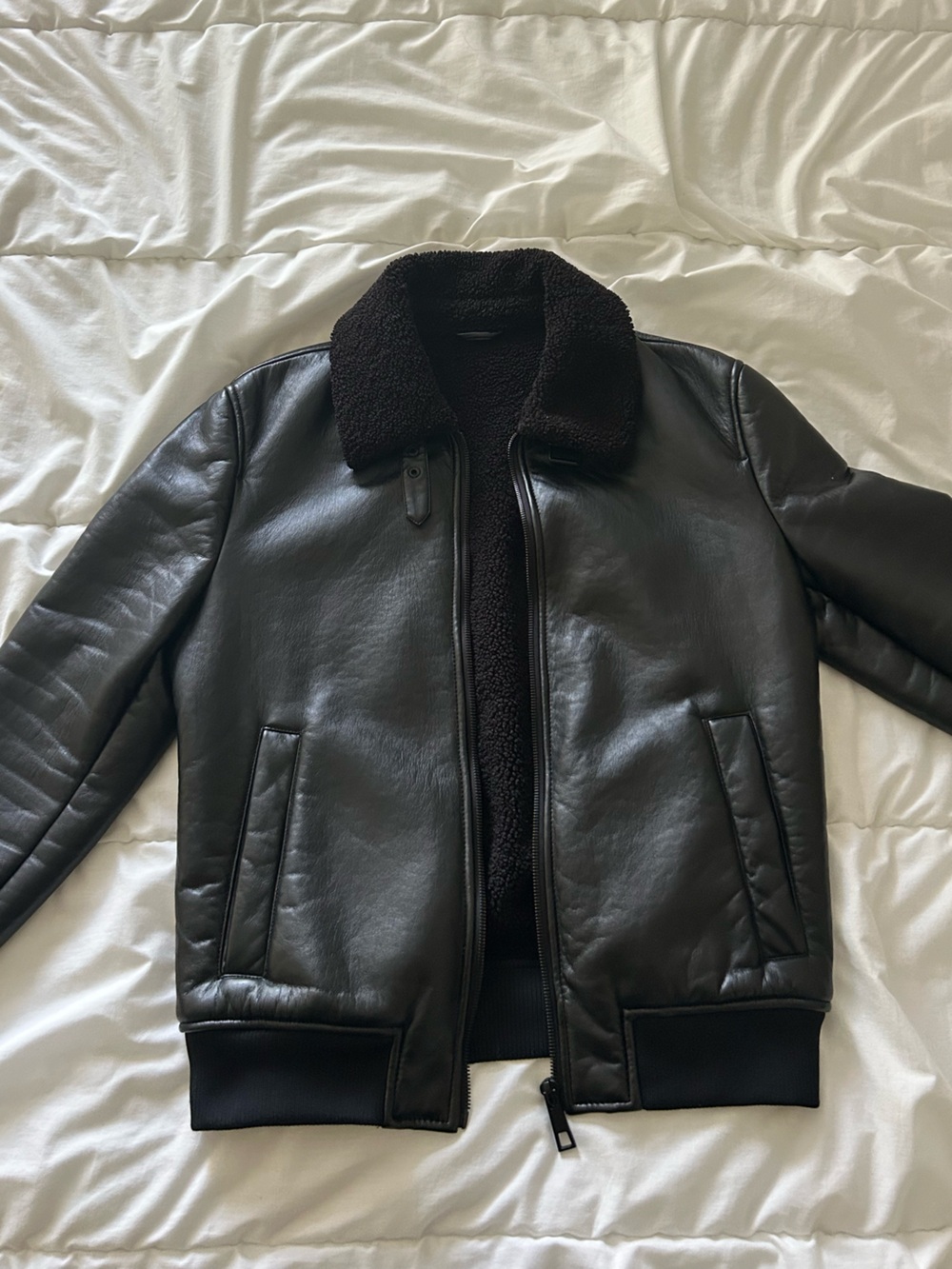 Zara Men's Black Faux-Leather Bomber with Sherpa Collar